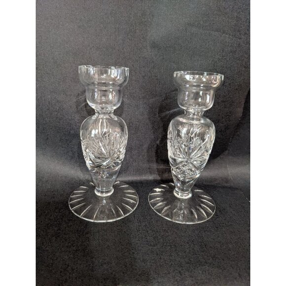 Lead Crystal Candle Holders Etched Design, Vintage Pair German Democratic Republ - Picture 1 of 8